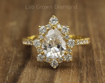 Pear Lab Grown Diamond Ring, Fancy halo Engagement Ring, IGI certified 1ct - 5ct Diamond, Bridal Ring, Diamond Wedding Anniversary Ring, ila