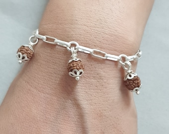 Bracciale Rudraksha in argento 925: ciondolo Shiva, catena a graffetta