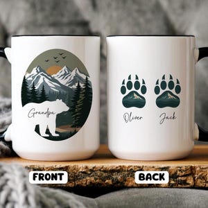 Papa Bear, Father&#39;s Day, Birthday Coffee Mug, Personalized Grandpa Bear, Grandkids Names ,Bear Paw Prints, Mountain Nature Cup, Vintage