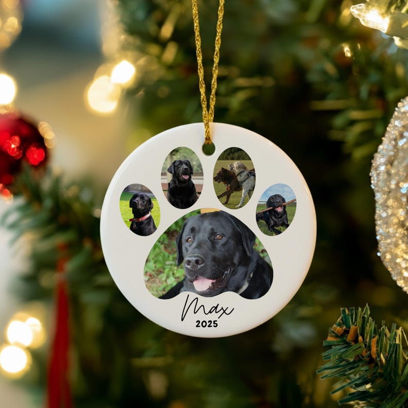May include: White ceramic Christmas ornament shaped like a dog paw print, featuring photos of dogs. The ornament has a gold string for hanging and includes the name "Max" and the year "2025" in a script font.