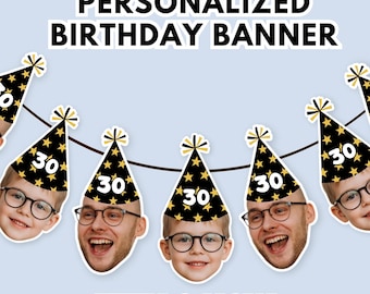 Custom Face Photo Garland for Men / Woman  – Funny Husband Birthday Banner, Personalized 30th, 40th, 50th, 60th, Then & Now Photo Banner