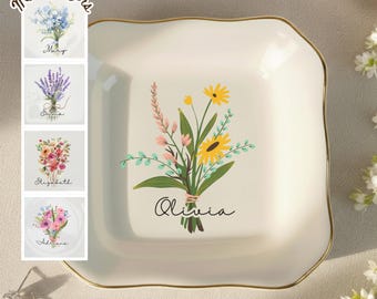 Personalized Birth Flower Trinket Dish, Custom Watercolor Flower Ring Dish, Birthday Jewelry Dish, Wedding Bridesmaid Gift, Christmas Gifts