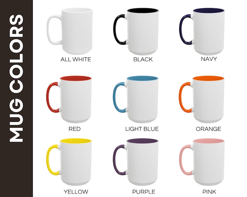 Pu&ograve; includere: Una collezione di tazze in ceramica bianca con manici e interni di vari colori. I colori includono nero, blu navy, rosso, azzurro, arancione, giallo, viola e rosa. Il testo a sinistra dice "MUG COLORS".