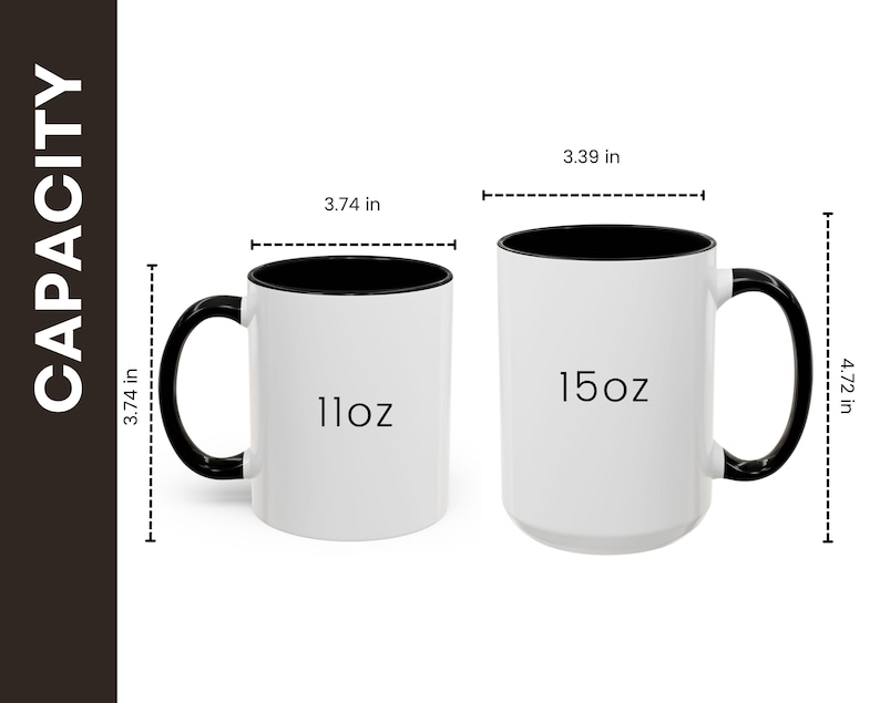 Pu&ograve; includere: Due tazze in ceramica bianca con interni e manici neri. Una tazza &egrave; etichettata "11oz" e misura 9,5 cm di altezza e larghezza. L'altra tazza &egrave; etichettata "15oz" e misura 12 cm di altezza e 8,6 cm di larghezza.