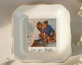 Personalized Bestie Photo Jewelry Dish: Ceramic Trinket Tray for Best Friend, Gifts for Bestie