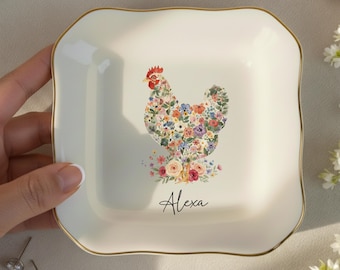 Chicken Jewelry Tray, Farm Girl Gift, Cute Chicken Jewelry Dish, Personalized Chicken Trinket Tray, Farmhouse Decor Gift for Women