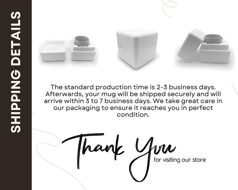Pu&ograve; includere: Imballaggio in schiuma bianco con una tazza all'interno, mostrato in diverse disposizioni. Il testo recita "SHIPPING DETAILS" e "Thank You for visiting our store."