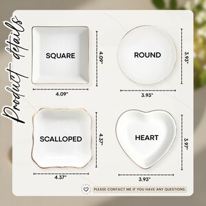 May include: Four white ceramic dishes in square, round, scalloped, and heart shapes, each with a gold rim. The square dish is 4.09 inches, the round dish is 3.93 inches, the scalloped dish is 4.37 inches, and the heart dish is 3.93 inches.