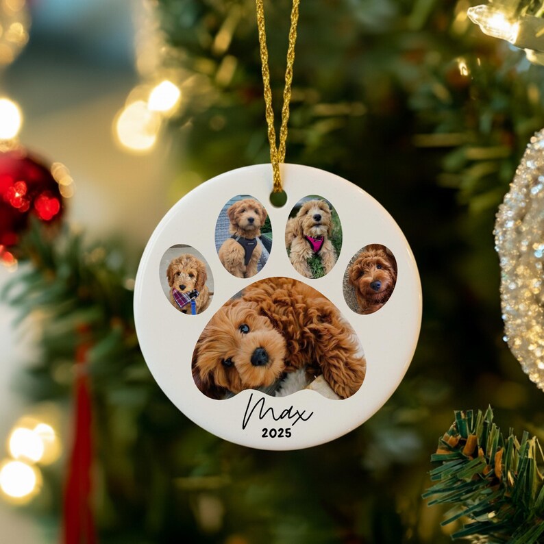May include: A white ceramic Christmas ornament shaped like a paw print, featuring five photos of a dog. The dog is brown with curly fur. The name "Max" and the year "2025" are written in black script. A gold string is attached for hanging.