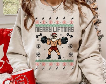 Frohe Liftmas Sweatshirt, lustiges Fitnessstudio Weihnachten Sweatshirt, Fitness Urlaub Sweatshirt, hässliches Training Sweatshirt mit Rundhalsausschnitt, Fitness-Studio-Liebhaber Weihnachtsgeschenk