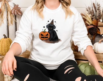 Halloween Black Cat Sweatshirt, Black Cat Pumpkin Sweatshirt, Cute Girly Halloween Sweatshirt, Vintage Halloween Sweatshirt, Cat Lovers Gift