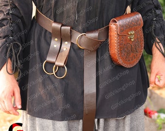 Renaissance Fair Viking Leather Belt, Medieval Messenger Goth Belt Bag, Ren Faire Steampunk Larp Belt, Small Waist Belt Bag with Skirt Hikes