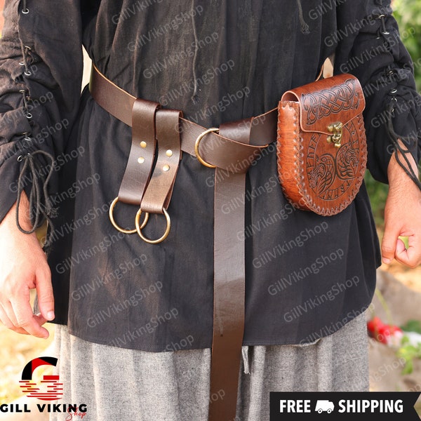 Renaissance Fair Viking Leather Belt, Medieval Messenger Goth Belt Bag, Ren Faire Steampunk Larp Belt, Small Waist Belt Bag with Skirt Hikes