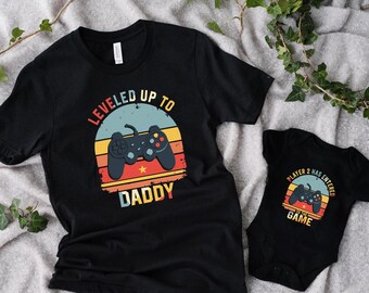 Camiseta "Subió de nivel a papá", divertida camiseta gamer para papá, camiseta "El jugador 2 ha entrado al juego", camiseta a juego para papá, camiseta para papá primerizo, regalo para el Día del Padre