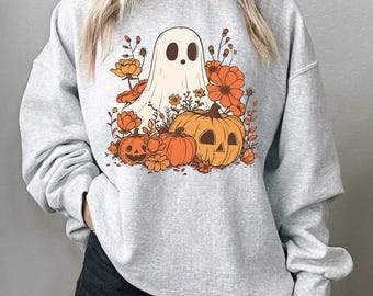 Floral Ghost Sweatshirt, Cute Halloween Ghost Sweatshirt, Retro Flower Fall Sweater, Halloween Crewneck Sweatshirt, Vintage Halloween Shirt