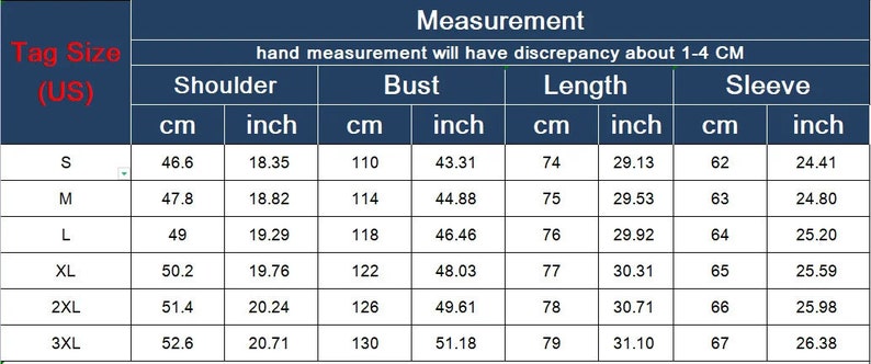 May include: Size chart for a shirt with measurements in inches and centimeters. The chart shows the size, shoulder, bust, length, and sleeve measurements for sizes S, M, L, XL, 2XL, and 3XL.