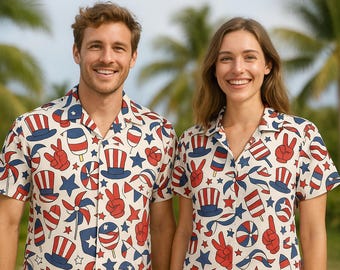 Camisas hawaianas del 4 de julio, camisa patriótica a juego, camisa roja, blanca y azul, atuendo de fiesta de verano de EE. UU., camisa de playa de EE. UU., regalo del Día de la Independencia