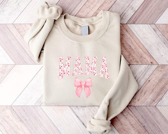 Coquette Pink Mama Sweatshirt, Cute Pink Bow Mama Sweatshirt, Mama Crewneck Sweatshirt, Coquette Mama Sweatshirt, Trendy Mothers Day Gift
