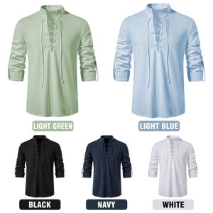 May include: Five different color variations of a long-sleeved shirt with a lace-up neckline. The shirts are available in light green, light blue, black, navy, and white.