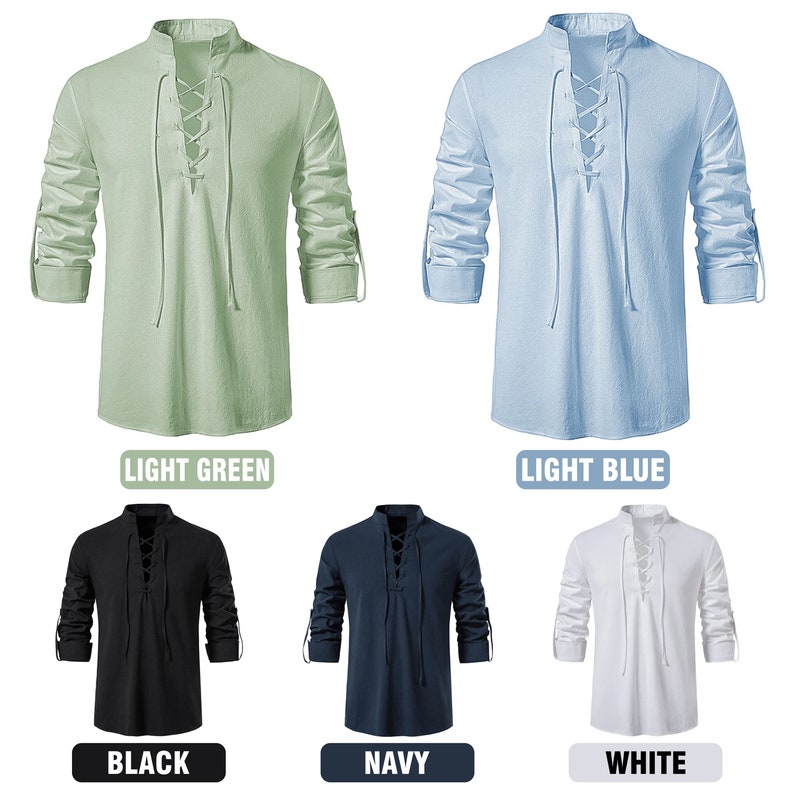 May include: Five different color variations of a long-sleeved shirt with a lace-up neckline. The shirts are available in light green, light blue, black, navy, and white.