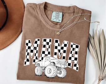 Camiseta de mamá de Monster Truck, camiseta de mamá con colores cómodos, camiseta de mamá para el día de la carrera, camiseta de mamá a cuadros, camiseta de mamá de Monster Truck, regalo para el Día de la Madre