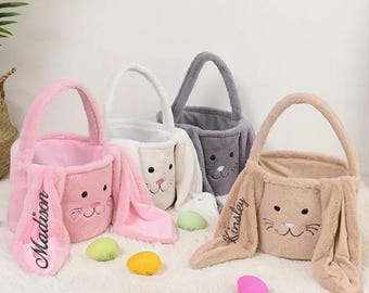Cesto pasquale di peluche personalizzato, cesto coniglietto ricamato personalizzato, cesto per la caccia alle uova di Pasqua per bambini, secchio pasquale con nome personalizzato, regalo di Pasqua per bambini