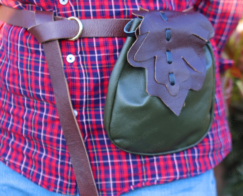 Ren Faire Elven Leaf Belt Bag, Medieval Viking Goth Leather Bag