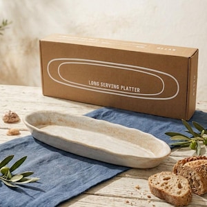 40 cm fiskfat, beige melerad keramik lång tallrik, organisk form, baguettefat