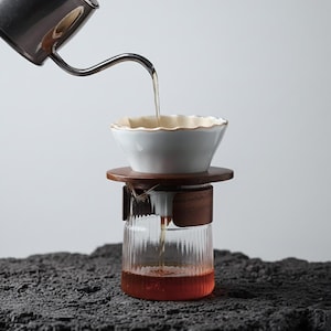 Elegant 3pcs Pour-Over Set: Coffee Dripper with Wooden Base and Glass Jug