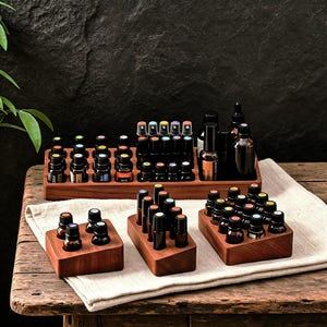 Sapele Wood Essential Oil Organiser: Tiered Display Stand, 9/12/16 Slots, Gift for her