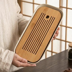 Porcelain Gongfu Tea Tray with Bamboo Filter, Rectangular Zen Tea Table Organizer