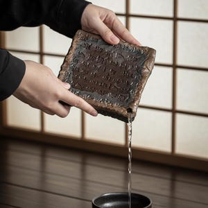 May include: A square, brown, textured ceramic piece with etched characters is held, with water flowing from a spout into a black bowl. The piece is held by two hands, with a wooden floor and a shoji screen in the background.