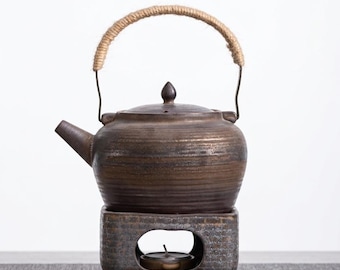 Large Wabi-Sabi Stoneware Teapot & Warmer Set, 1L Tea Kettle with Rattan Handle, Rustic Glaze