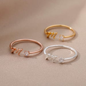 Minimalist Gold/Silver Initial Letter Ring with Zircon, Tiny Alphabet Letter Bang, Personalized Stacking Jewelry Gift for Women