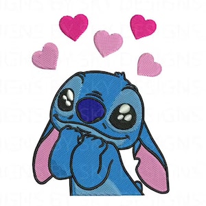 Kawaii Stitch with Hearts Machine Embroidery Design