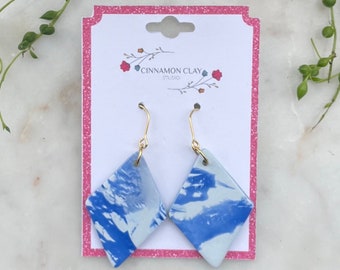 Blue & White Geometric Dangles | Polymer Clay | Lightweight Unique Handmade Jewelry | Statement Earrings