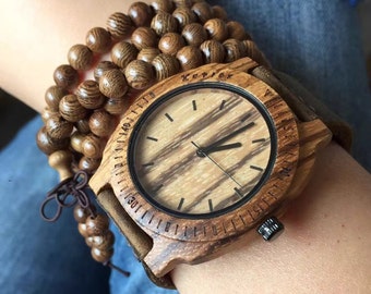 Original zebra wood watch, creative couple watch, casual engraved waterproof genuine leather for men and women.