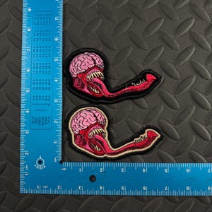 May include: Two embroidered patches featuring a pink brain with a red mouth and tongue, and a red arm. The patches have a black border. The patches are on a textured black surface.