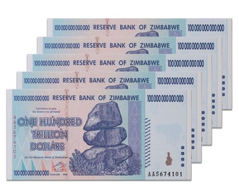 5 pcs x 100 Trillion Dollars Zimbabwe  Banknote P-91 (2008, AA) Authentic Collectible.