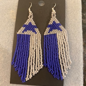 Cowboy Handmade Beaded Dangle Earrings-Blue and Silver Star