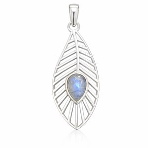 May include: A silver pendant in a leaf design, featuring a teardrop-shaped, iridescent blue gemstone. The pendant has a detailed, openwork pattern and a bail for a chain. The gemstone is set in the center of the leaf.