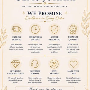 Puede incluir: Un gr&aacute;fico informativo de color crema para Gems Johari con texto e iconos dorados. Enumera promesas de servicio que incluyen env&iacute;o urgente, embalaje seguro, calidad premium con plata de ley 925 y piedras naturales aut&eacute;nticas.