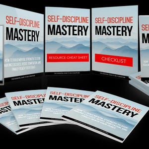 May include: A set of self-discipline mastery books and a CD. The books feature a blue and white mountain scene on the cover with the title "Self-Discipline Mastery" in red text. The titles of the books include "How to Build Mental Strength to Stop Making Excuses, Resist Temptation and Finally Reach Your Goals", "Resource Cheat Sheet", "Checklist", and "How to Build Mental Strength to Stop Making Excuses, Resist Temptation and Finally Reach Your Goals".