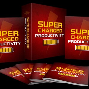May include: A set of red and yellow marketing materials for a product called "Super Charged Productivity". The materials include a box, a booklet, and a pamphlet. The box has a yellow lightning bolt and the text "Super Charged Productivity" with a battery icon. The booklet and pamphlet have the same text and icon.