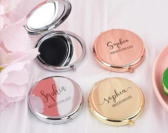 Personalized Compact Makeup Mirror, Custom Name Handheld Purse Mirror, Small Round Pocket Mirror Bridesmaid Bridal Shower Party Wedding Gift