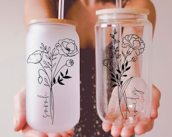 Personalized Birth Flower Iced Coffee Cup With Name, Custom Tumbler With Lid and Straw, Bridesmaid Proposal, Party Favor, Birthday Gift