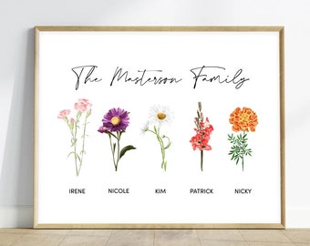Personalized Watercolor Birth Month Flower Prints,Grandma's Garden Sign,Custom Family Name Poster,Floral Art Canvas Painting,Home Wall Decor