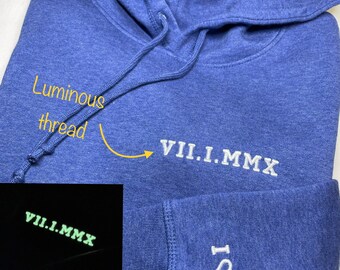 Luminous thread Roman numeral hoodie Anniversary date Matching hoodie Gift for him Gift for her Personalised hoodie Embroidered hoodie