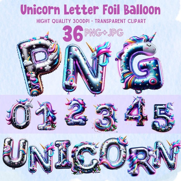 36 PNG unicorn alphabet foil balloon Clipart, Foil Balloon Alphabet, Unicorn Birthday Invitation PNG foil balloon Letters for commercial use