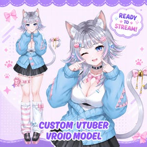 May include: A digital character illustration featuring a cat-eared avatar with silver hair, wearing a light blue cardigan, white top, and black pleated skirt. The character has a long tail with a bell and wears striped leg warmers. Text reads READY TO STREAM and CUSTOM VTUBER VROID MODEL.